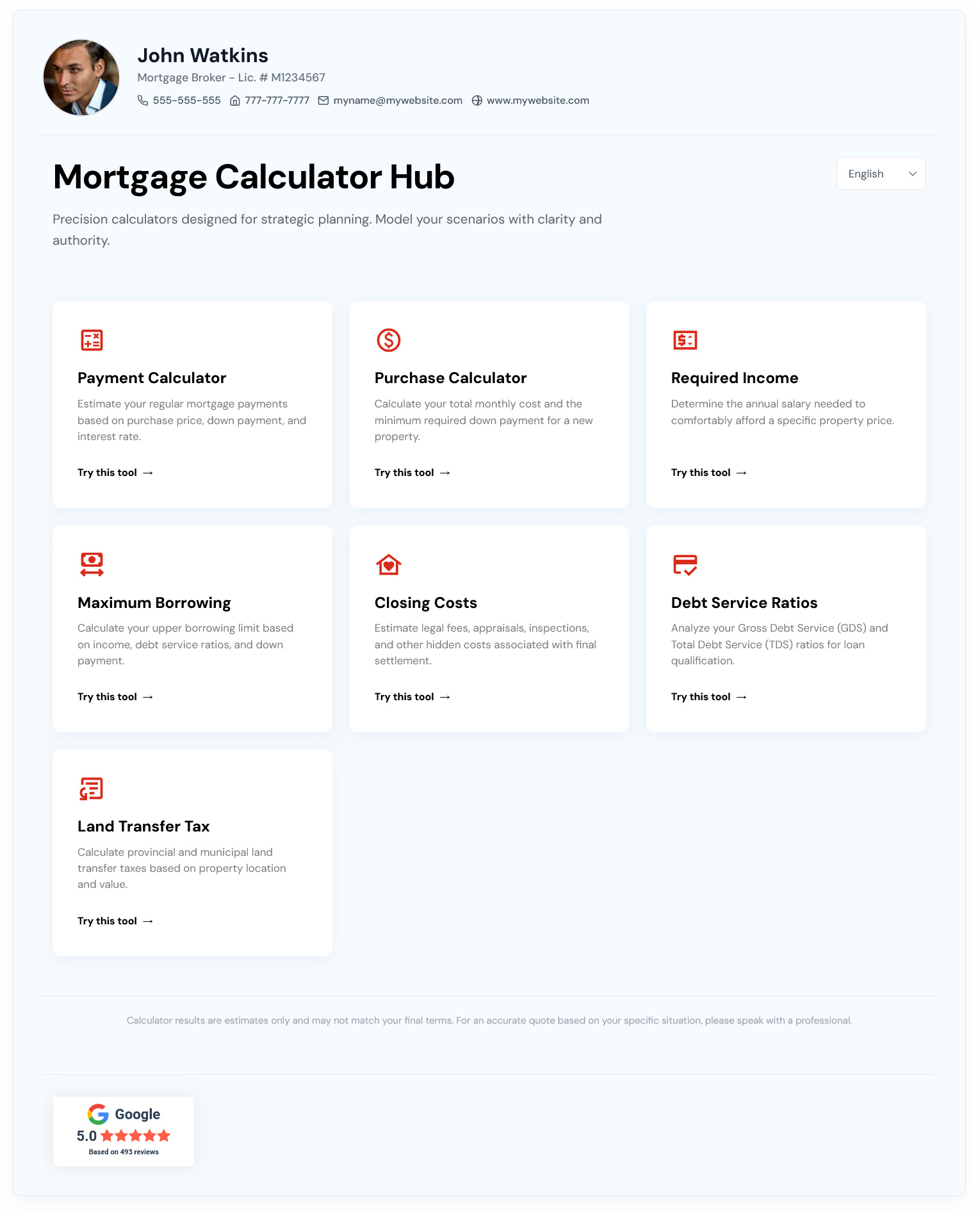 Mortgage Calculator Hub showing branded calculator cards, profile details, language selection, disclaimer text and review widget