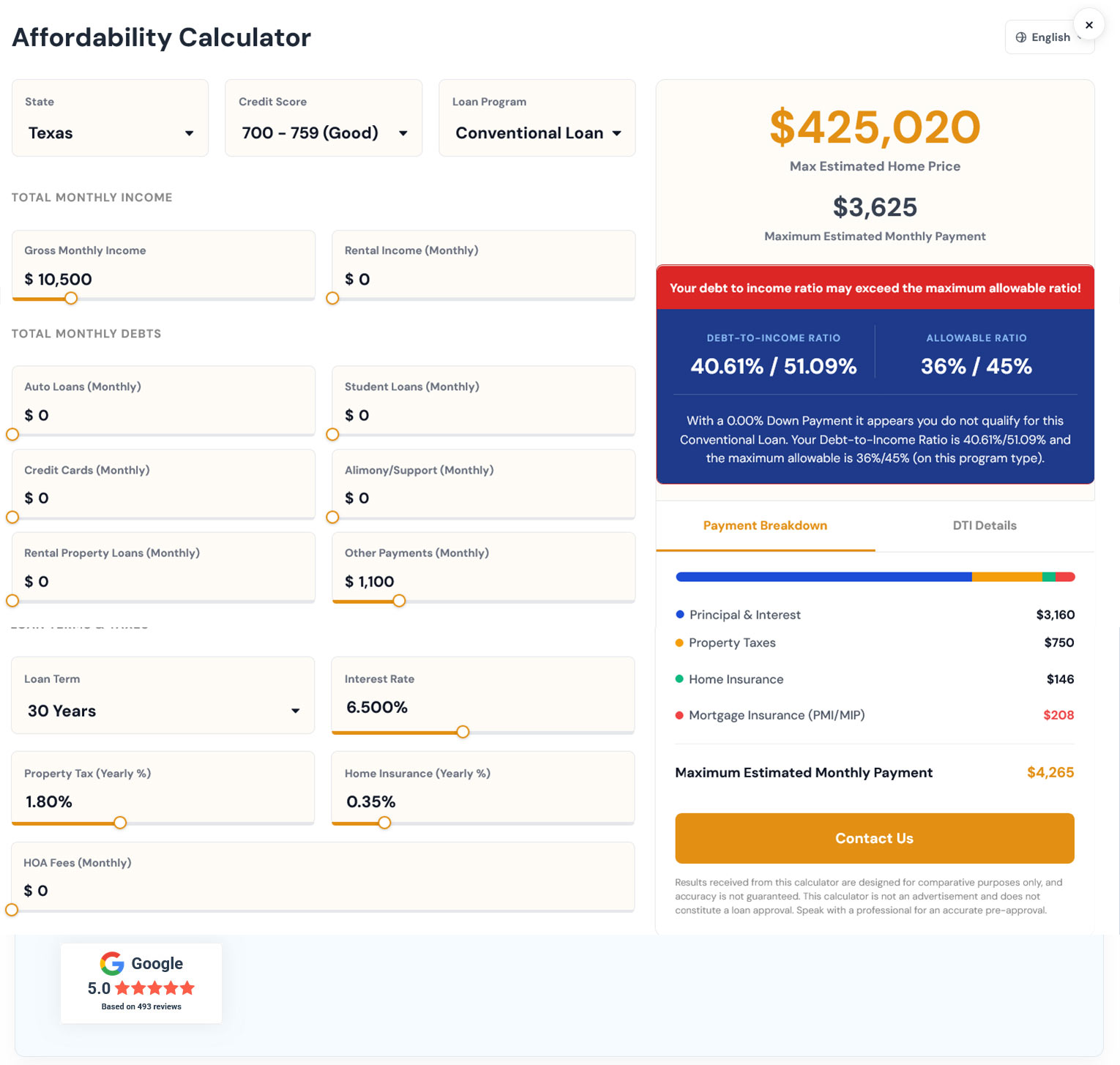 U.S. Mortgage Calculator Hub showing branded calculator cards, profile details, calculator display controls, disclaimer text and review widget