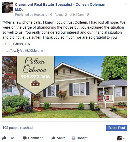 Facebook post of Realtor review