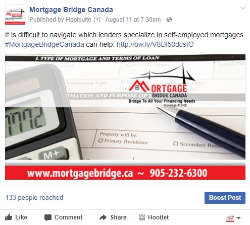 Facebook post of mortgage broker website