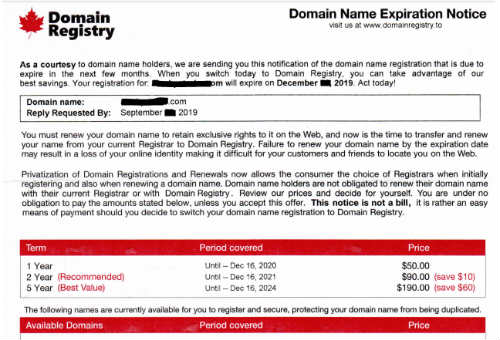 Potential scam alert: Domain expiration notices from Domain Registry of Canada