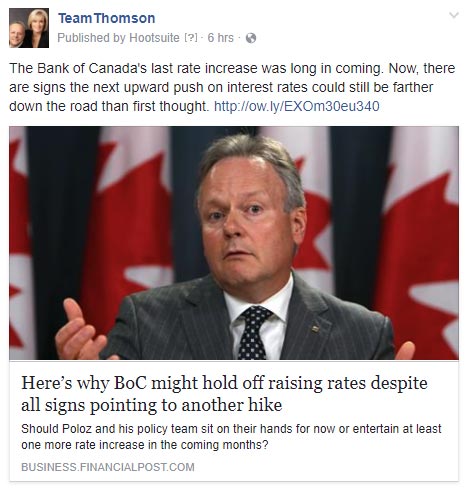 Facebook post of Bank of Canada news