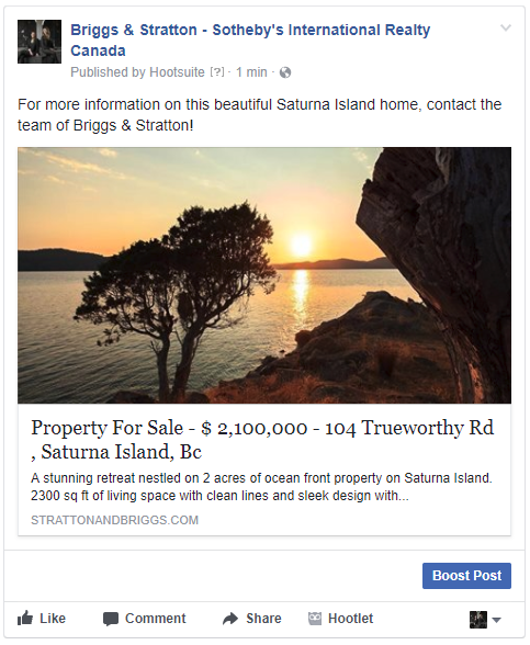 Facebook post of real estate listing